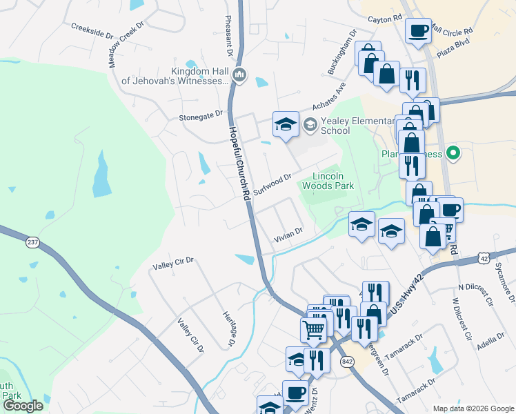 map of restaurants, bars, coffee shops, grocery stores, and more near 7393 Hopeful Road in Florence