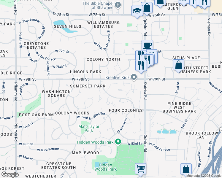 map of restaurants, bars, coffee shops, grocery stores, and more near 12119 West 79th Terrace in Lenexa