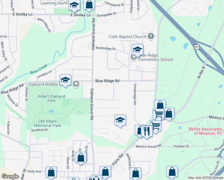 map of restaurants, bars, coffee shops, grocery stores, and more near 3405 North Ridgecrest Drive in Columbia