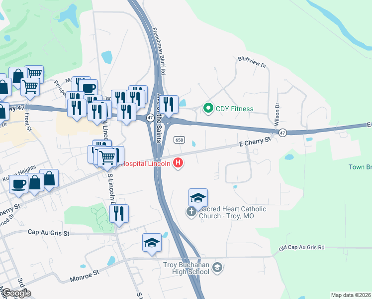 map of restaurants, bars, coffee shops, grocery stores, and more near 1019 East Cherry Street in Troy