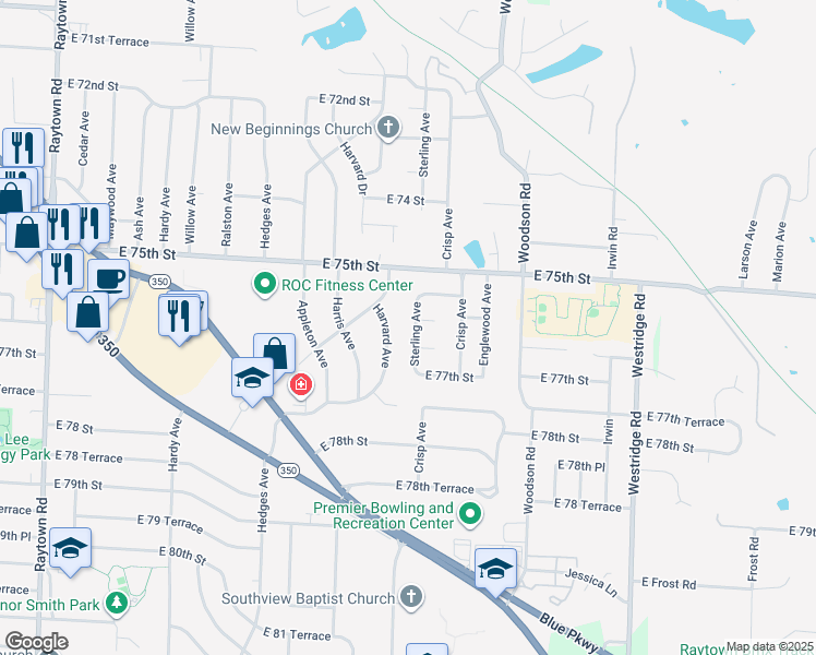 map of restaurants, bars, coffee shops, grocery stores, and more near 7520 Sterling Avenue in Raytown