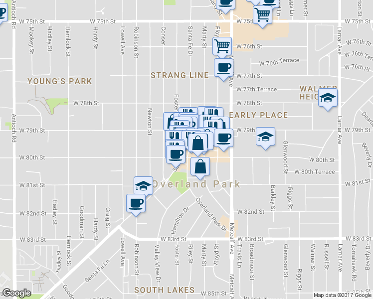 map of restaurants, bars, coffee shops, grocery stores, and more near 7937 Santa Fe Drive in Overland Park