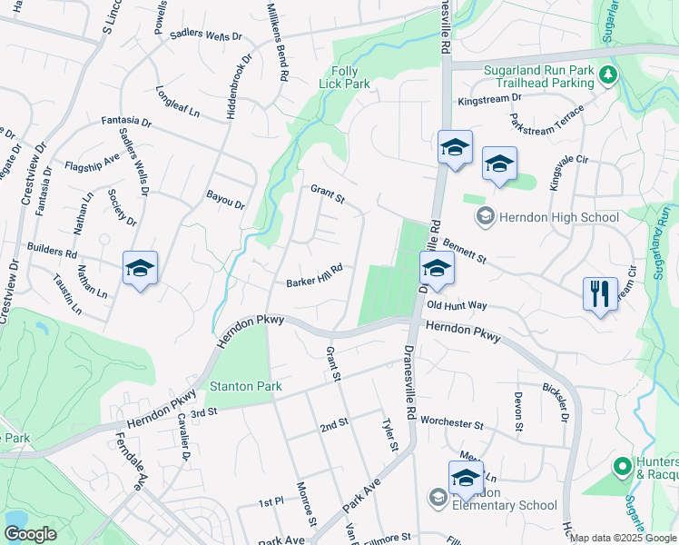 map of restaurants, bars, coffee shops, grocery stores, and more near 901 Barker Hill Road in Herndon