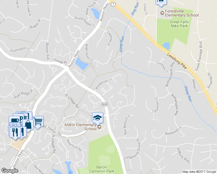 map of restaurants, bars, coffee shops, grocery stores, and more near 1212 Woodbrook Court in Reston