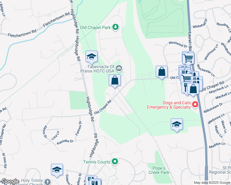 map of restaurants, bars, coffee shops, grocery stores, and more near 13700 Old Chapel Road in Bowie