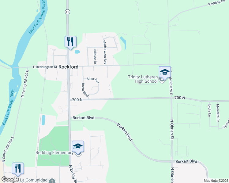 map of restaurants, bars, coffee shops, grocery stores, and more near 701 Enos Road in Seymour