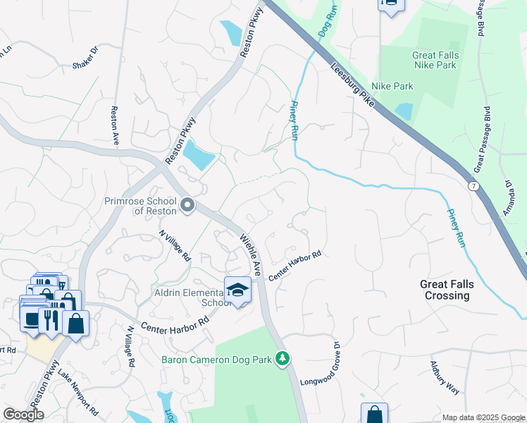 map of restaurants, bars, coffee shops, grocery stores, and more near 1212 Woodbrook Court in Reston