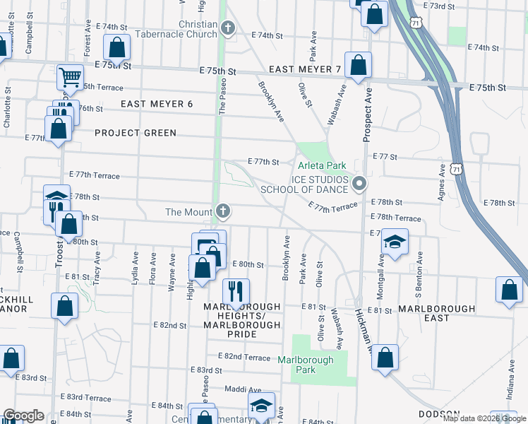 map of restaurants, bars, coffee shops, grocery stores, and more near 2120 East 78th Street in Kansas City