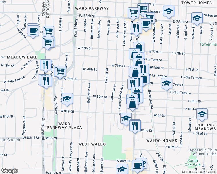 map of restaurants, bars, coffee shops, grocery stores, and more near 7901 Summit Street in Kansas City