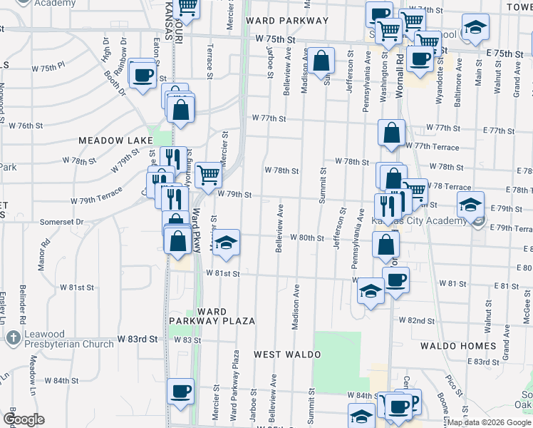 map of restaurants, bars, coffee shops, grocery stores, and more near 7904 Belleview Avenue in Kansas City