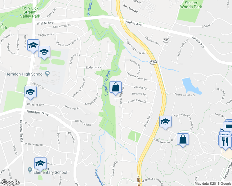 map of restaurants, bars, coffee shops, grocery stores, and more near 1520 Coat Ridge Road in Herndon