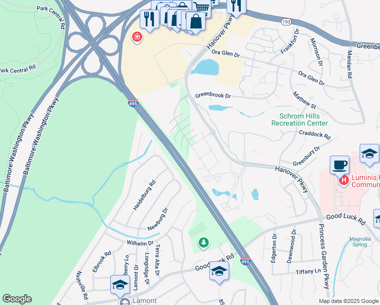 map of restaurants, bars, coffee shops, grocery stores, and more near 6994 Hanover Parkway in Greenbelt