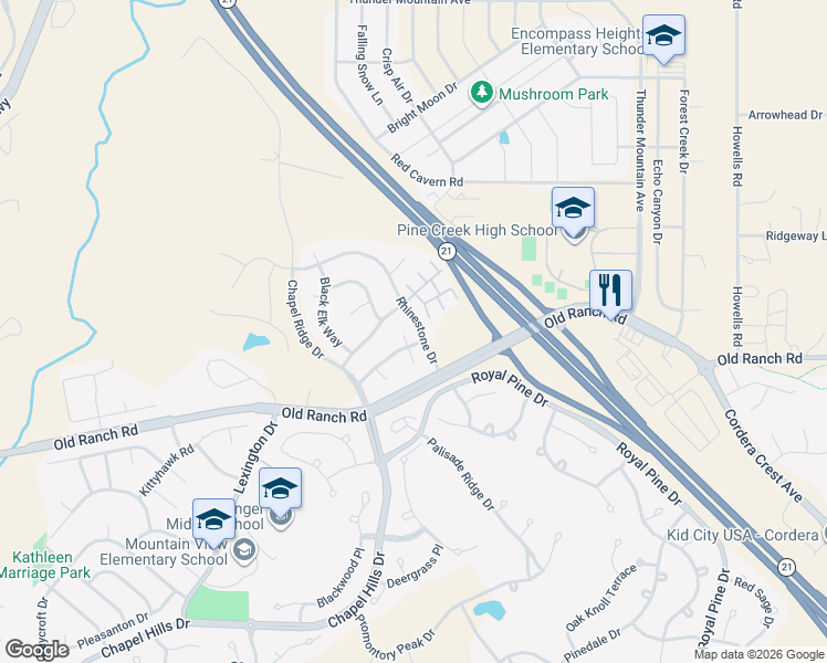 map of restaurants, bars, coffee shops, grocery stores, and more near 1061 Rhinestone Drive in Colorado Springs