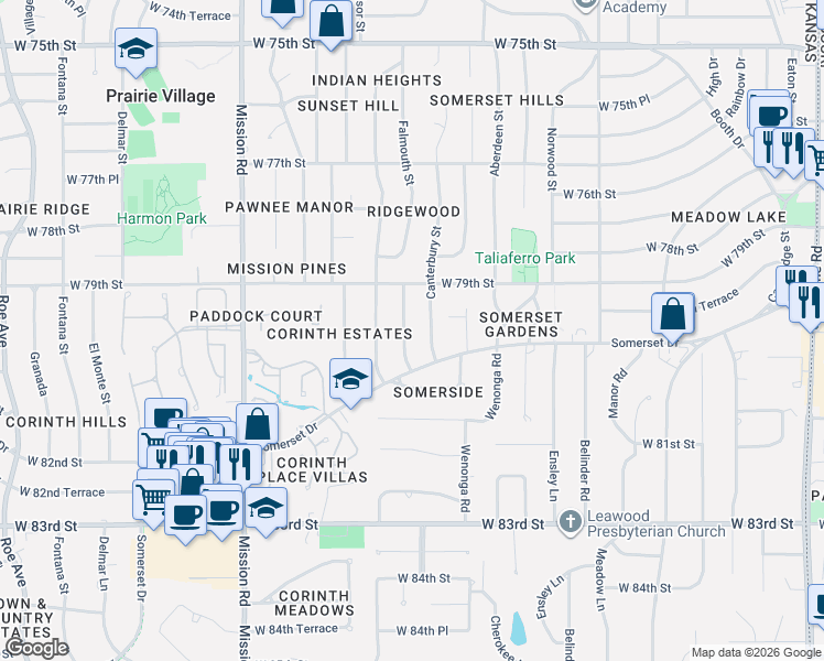 map of restaurants, bars, coffee shops, grocery stores, and more near 7926 Falmouth Street in Prairie Village