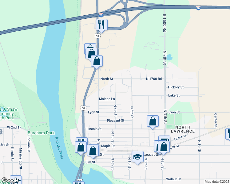 map of restaurants, bars, coffee shops, grocery stores, and more near 760 North 4th Street in Lawrence