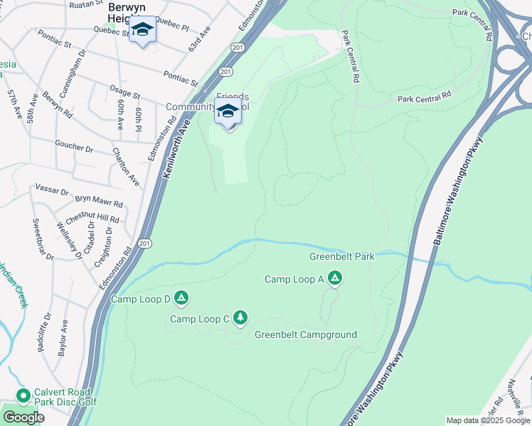 map of restaurants, bars, coffee shops, grocery stores, and more near Perimeter Trail in Greenbelt