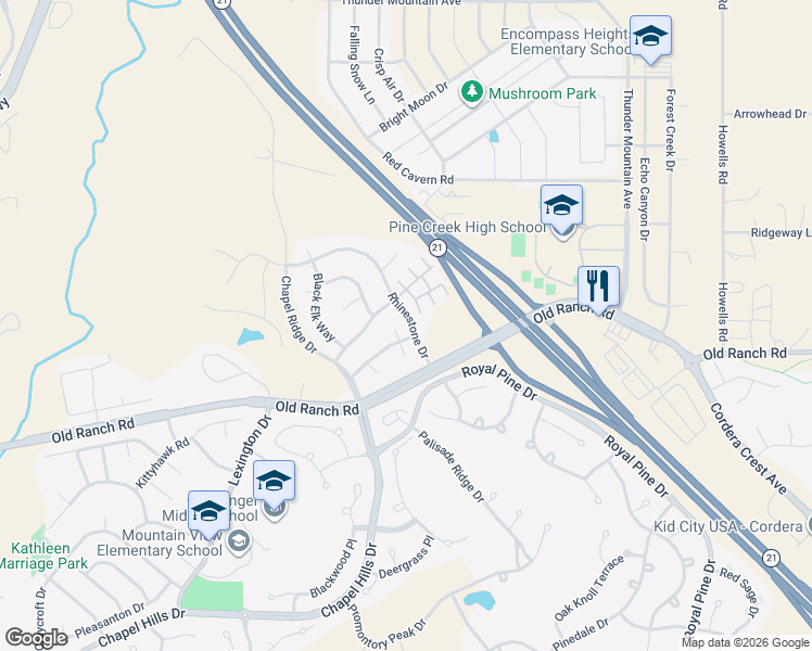 map of restaurants, bars, coffee shops, grocery stores, and more near 1061 Rhinestone Drive in Colorado Springs