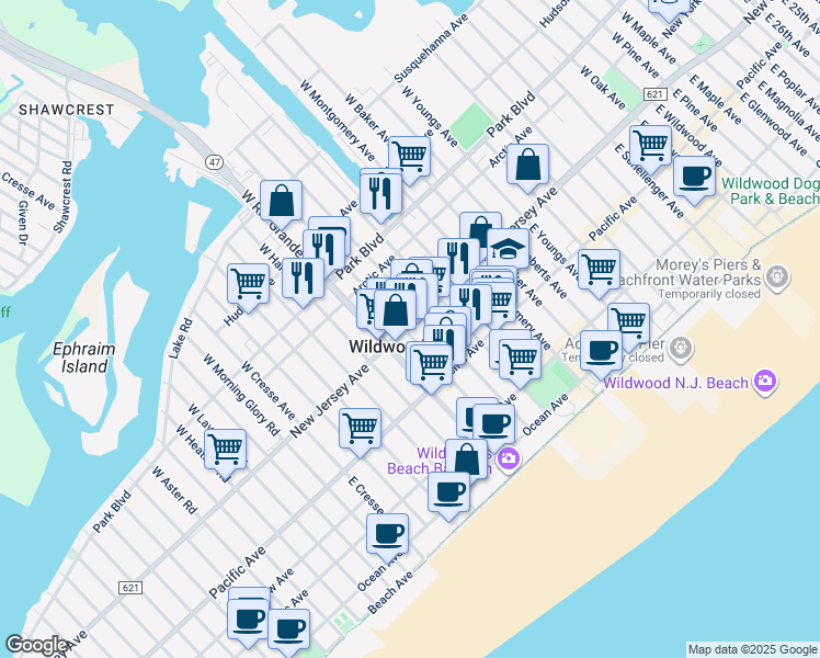 map of restaurants, bars, coffee shops, grocery stores, and more near 119 West Taylor Avenue in Wildwood