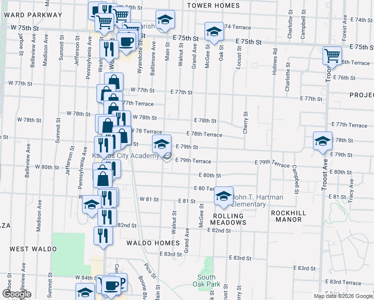 map of restaurants, bars, coffee shops, grocery stores, and more near 104 East 79th Street in Kansas City