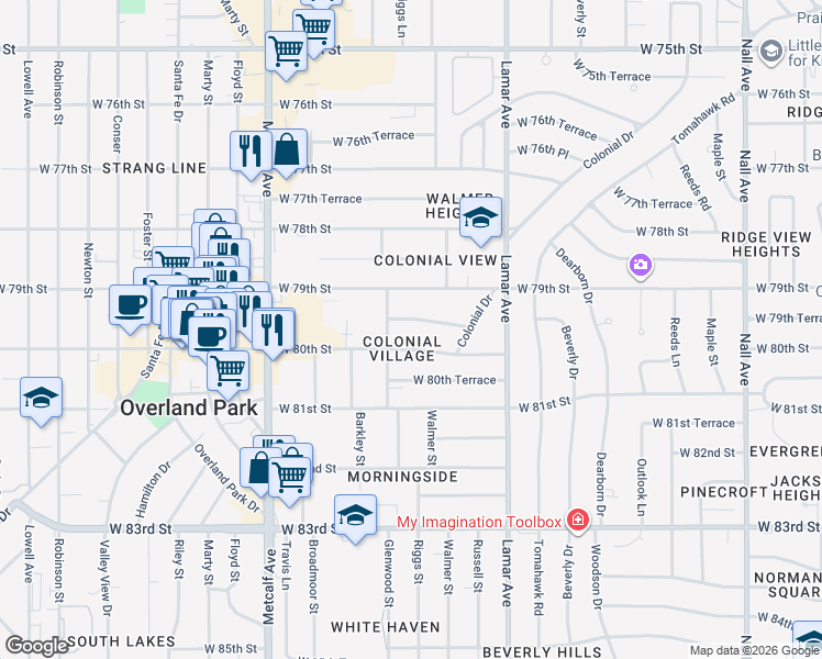 map of restaurants, bars, coffee shops, grocery stores, and more near 6516 West 79th Terrace in Overland Park