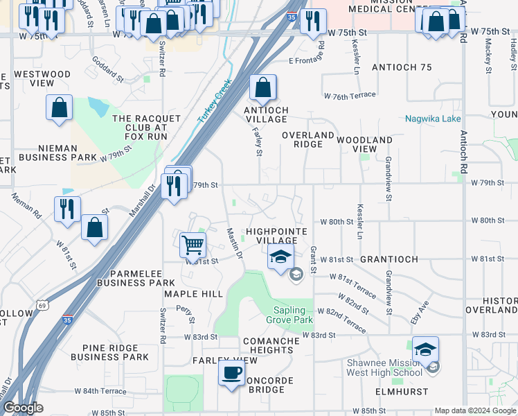 map of restaurants, bars, coffee shops, grocery stores, and more near 9817 West 79th Place in Overland Park