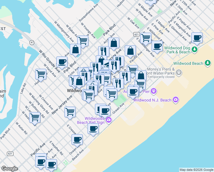 map of restaurants, bars, coffee shops, grocery stores, and more near 4442 Pacific Avenue in Wildwood