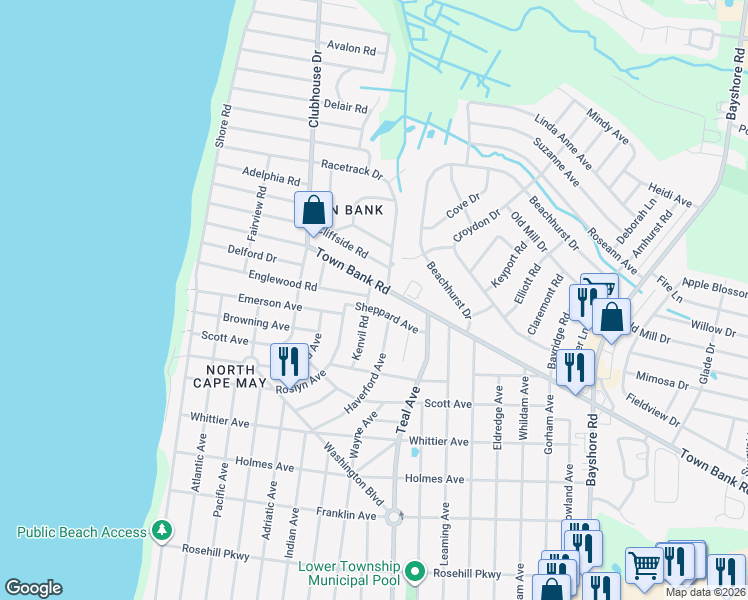 map of restaurants, bars, coffee shops, grocery stores, and more near 300 Town Bank Road in North Cape May