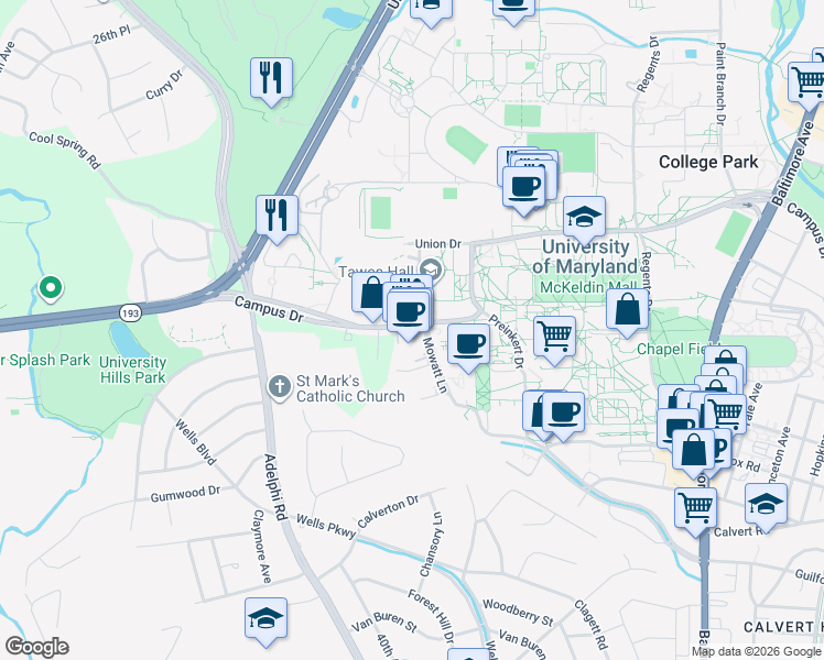 map of restaurants, bars, coffee shops, grocery stores, and more near 3711 Campus Drive in College Park