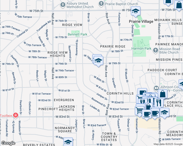 map of restaurants, bars, coffee shops, grocery stores, and more near 4818 West 80th Street in Prairie Village