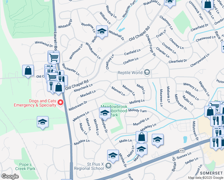 map of restaurants, bars, coffee shops, grocery stores, and more near 12303 Manvel Lane in Bowie