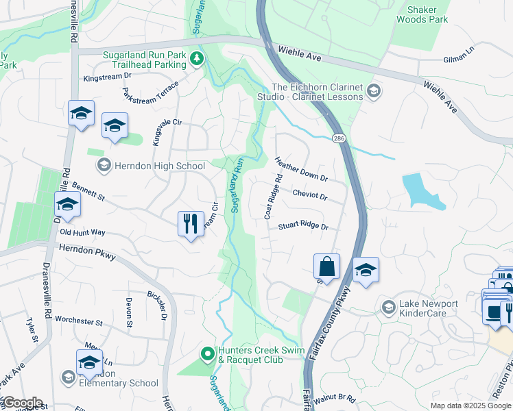 map of restaurants, bars, coffee shops, grocery stores, and more near 1520 Coat Ridge Road in Herndon