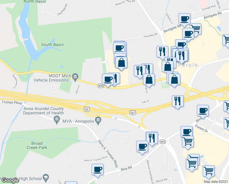 map of restaurants, bars, coffee shops, grocery stores, and more near 153 Defense Hwy in Parole