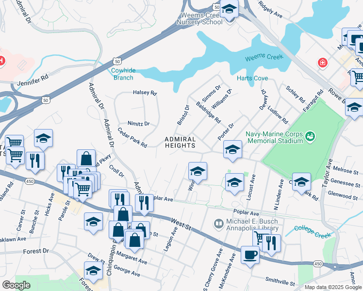 map of restaurants, bars, coffee shops, grocery stores, and more near 1614 Cedar Park Road in Annapolis
