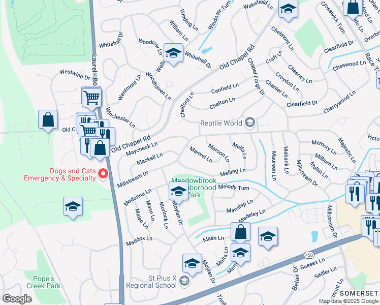 map of restaurants, bars, coffee shops, grocery stores, and more near 12303 Manvel Lane in Bowie