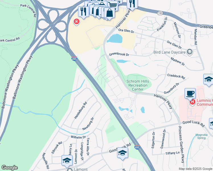 map of restaurants, bars, coffee shops, grocery stores, and more near 6994 Hanover Parkway in Greenbelt