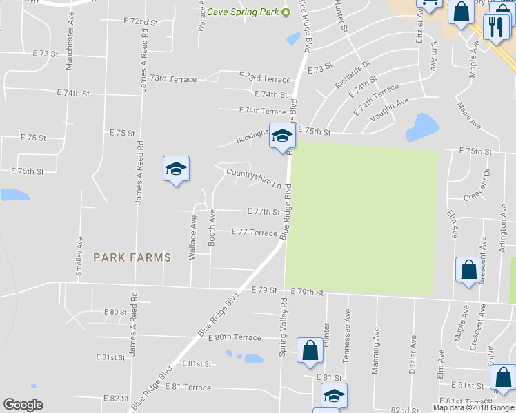map of restaurants, bars, coffee shops, grocery stores, and more near 8708 East 77th Street in Kansas City
