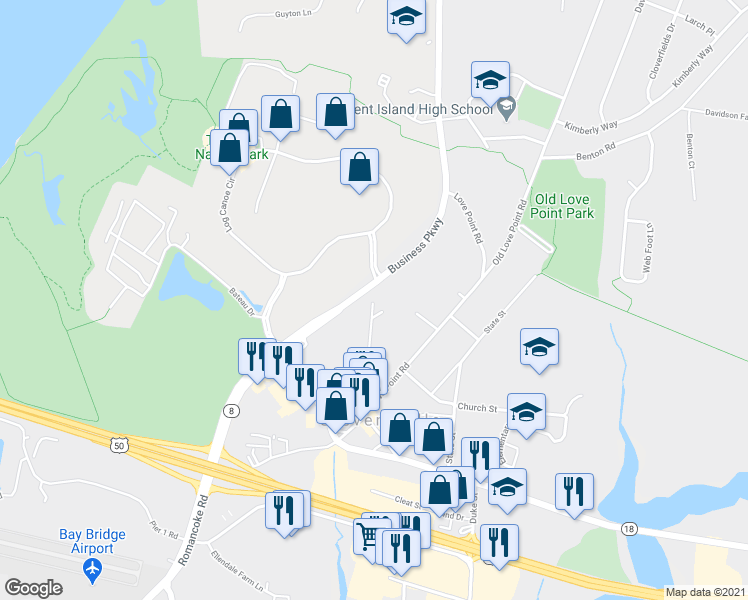 map of restaurants, bars, coffee shops, grocery stores, and more near 304 Cockey Lane in Stevensville