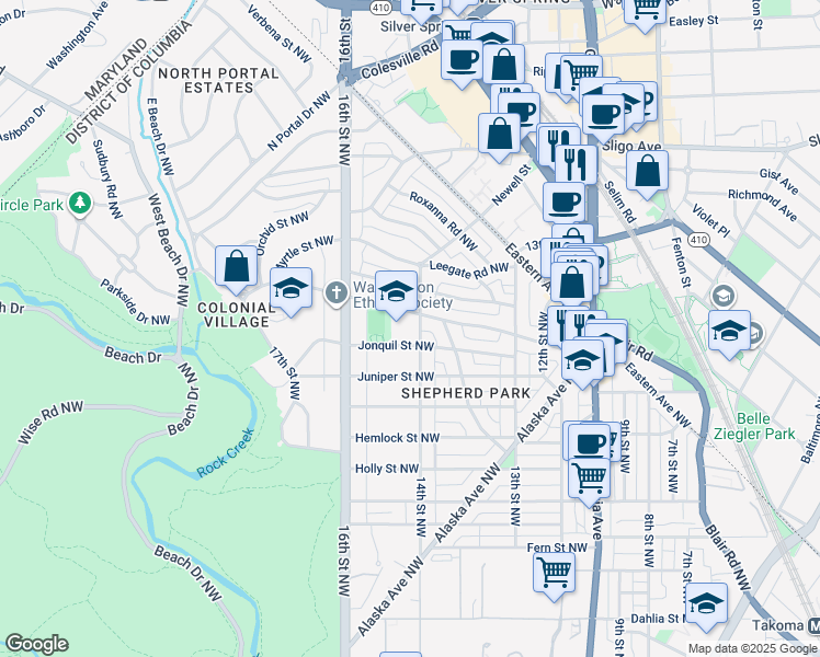 map of restaurants, bars, coffee shops, grocery stores, and more near 7800 14th Street Northwest in Washington