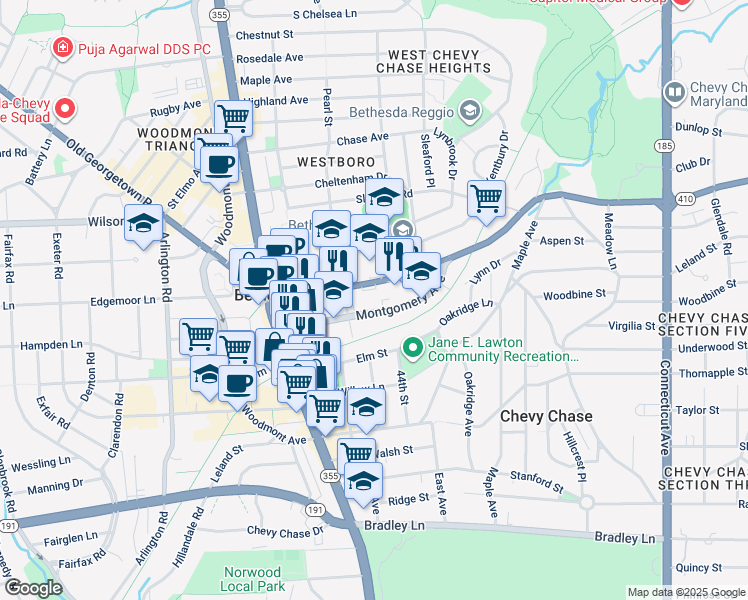 map of restaurants, bars, coffee shops, grocery stores, and more near 4400 East-West Highway in Bethesda
