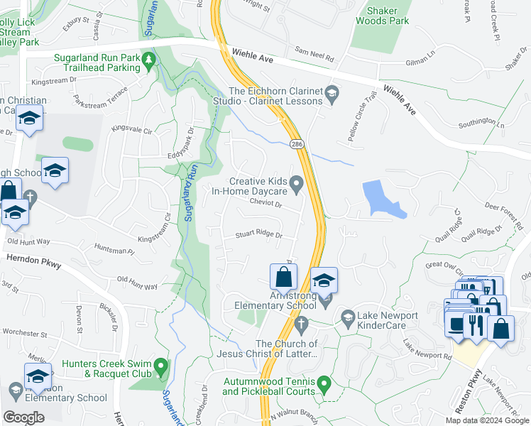 map of restaurants, bars, coffee shops, grocery stores, and more near 12014 Trossack Road in Herndon