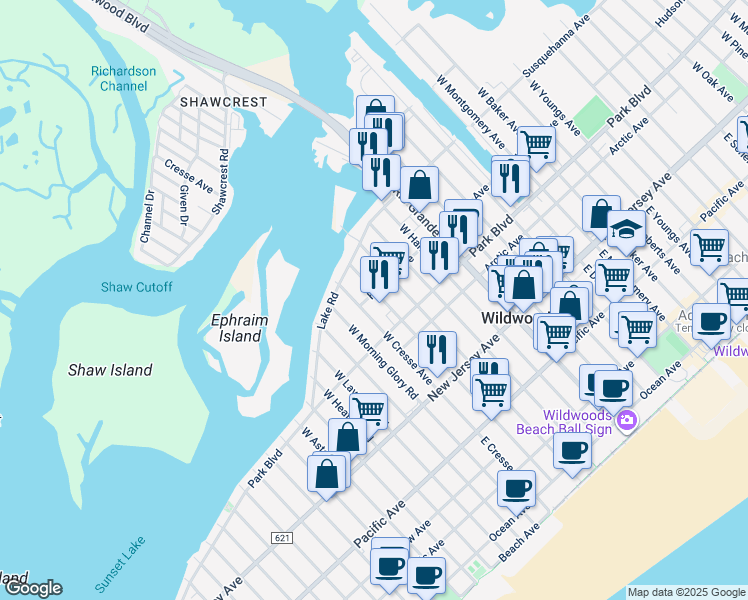 map of restaurants, bars, coffee shops, grocery stores, and more near 5301 Hudson Avenue in Wildwood