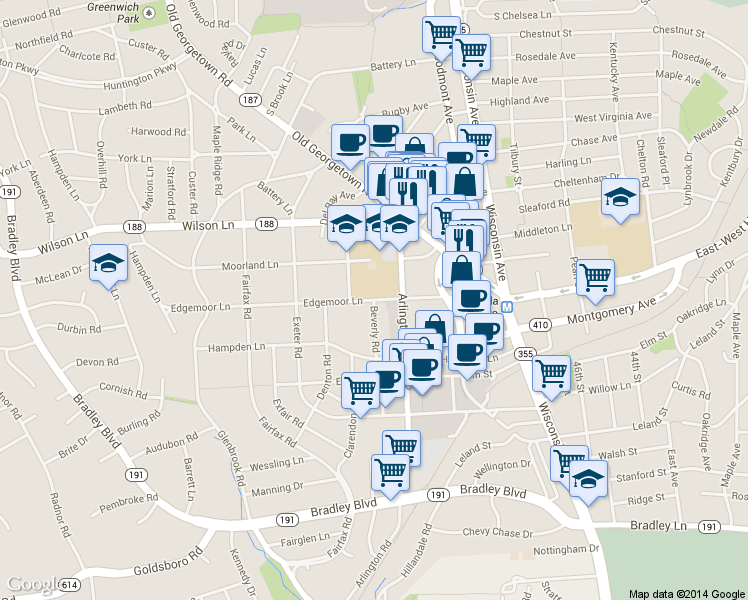 map of restaurants, bars, coffee shops, grocery stores, and more near Edgemoor Ln & Beverly Rd in Bethesda