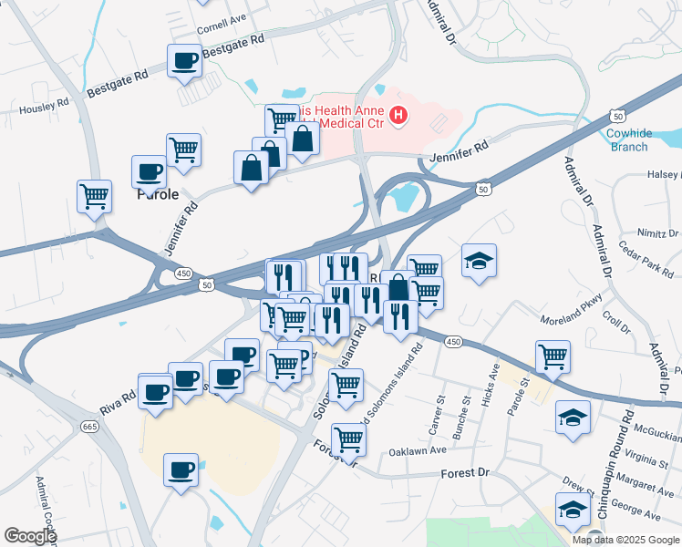 map of restaurants, bars, coffee shops, grocery stores, and more near 2445 Holly Avenue in Annapolis