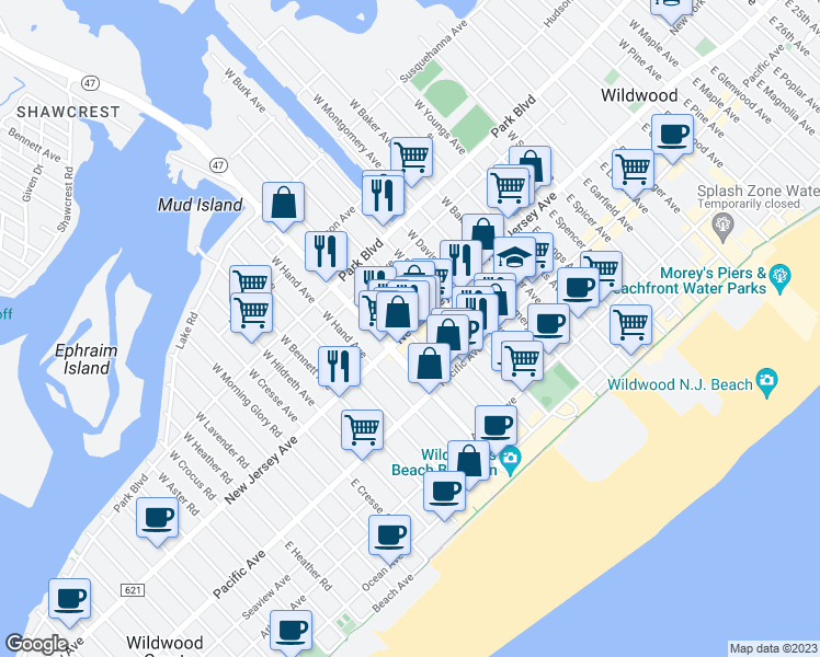 map of restaurants, bars, coffee shops, grocery stores, and more near 119 West Taylor Avenue in Wildwood