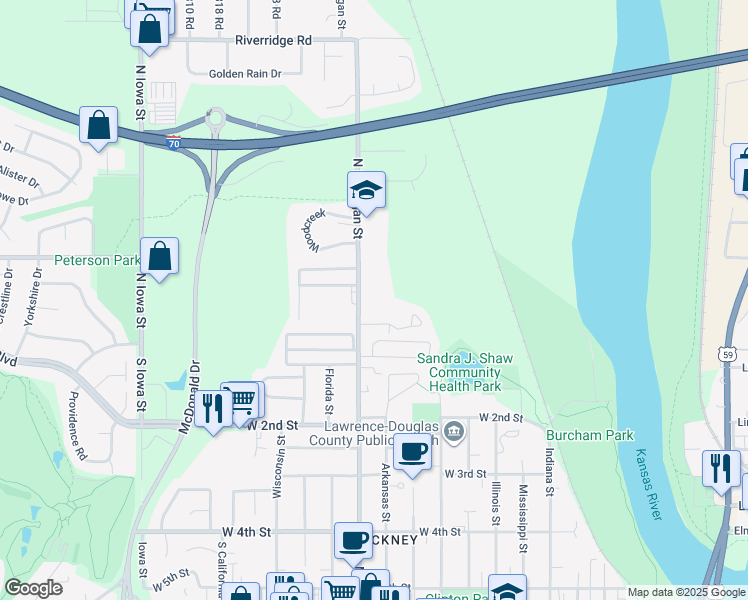 map of restaurants, bars, coffee shops, grocery stores, and more near 200 North Michigan Street in Lawrence