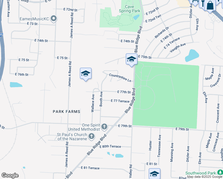 map of restaurants, bars, coffee shops, grocery stores, and more near 8616 East 77th Street in Kansas City