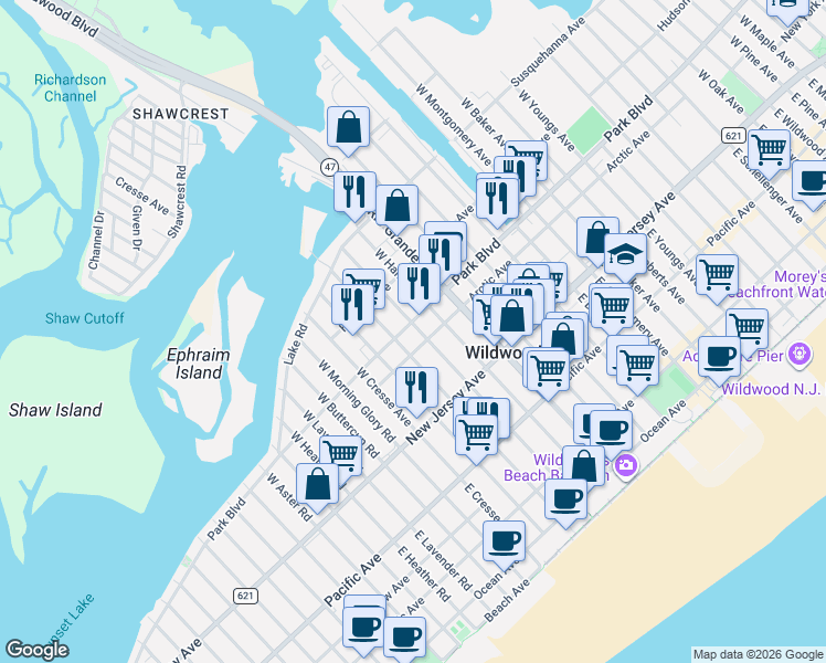map of restaurants, bars, coffee shops, grocery stores, and more near 5000B West Hand Avenue in Wildwood