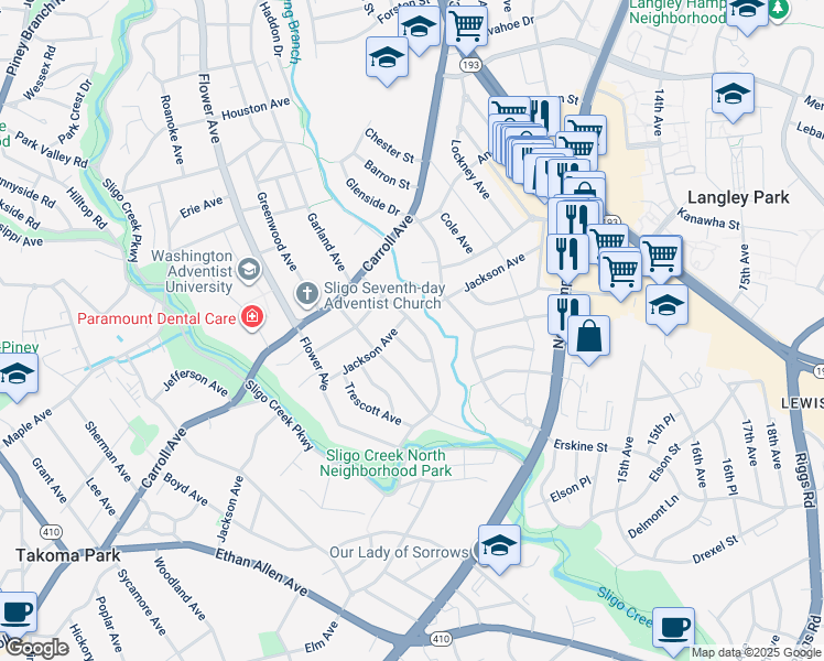 map of restaurants, bars, coffee shops, grocery stores, and more near 7226 Garland Avenue in Takoma Park