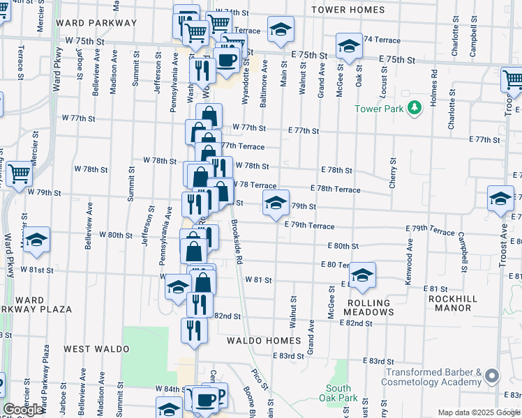 map of restaurants, bars, coffee shops, grocery stores, and more near 102 West 79th Street in Kansas City