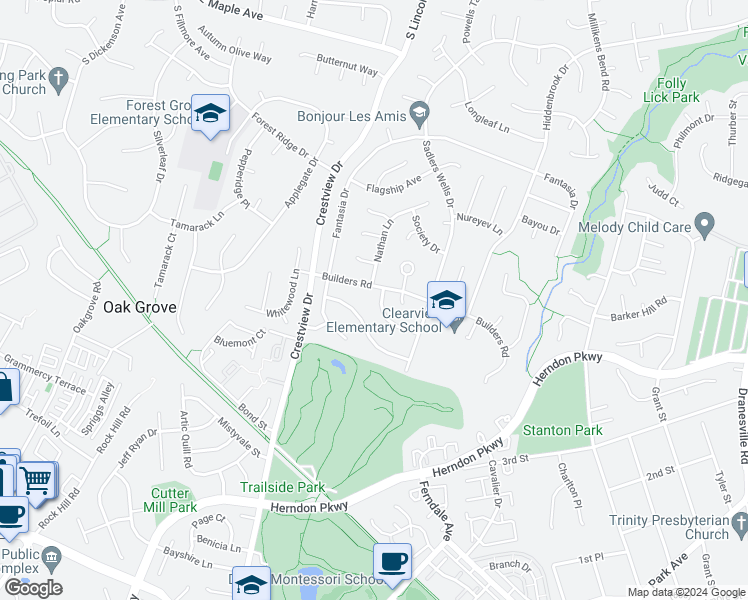 map of restaurants, bars, coffee shops, grocery stores, and more near 12717 Nathan Lane in Herndon
